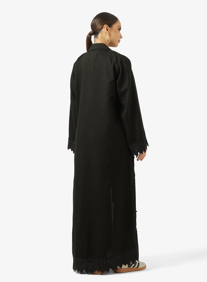 hayas closet Black Abaya with Lace details & Sheila - Image 2